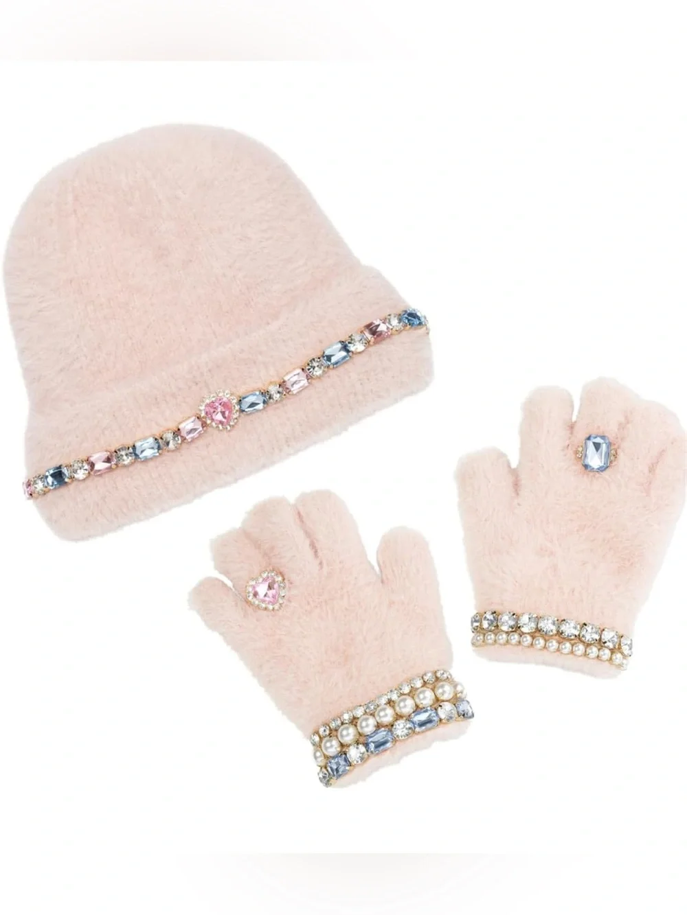 Super Smalls Kids Pink Faux-Fur Beanie and Gloves Set with Jewel Trim